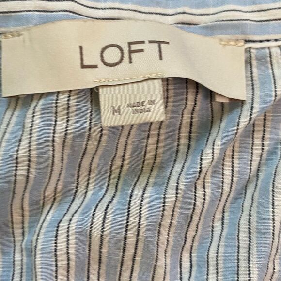 LOFT Blue and White Striped Cotton Ruffle Shoulder Tie Neck Peplum Blouse - Picture 9 of 10